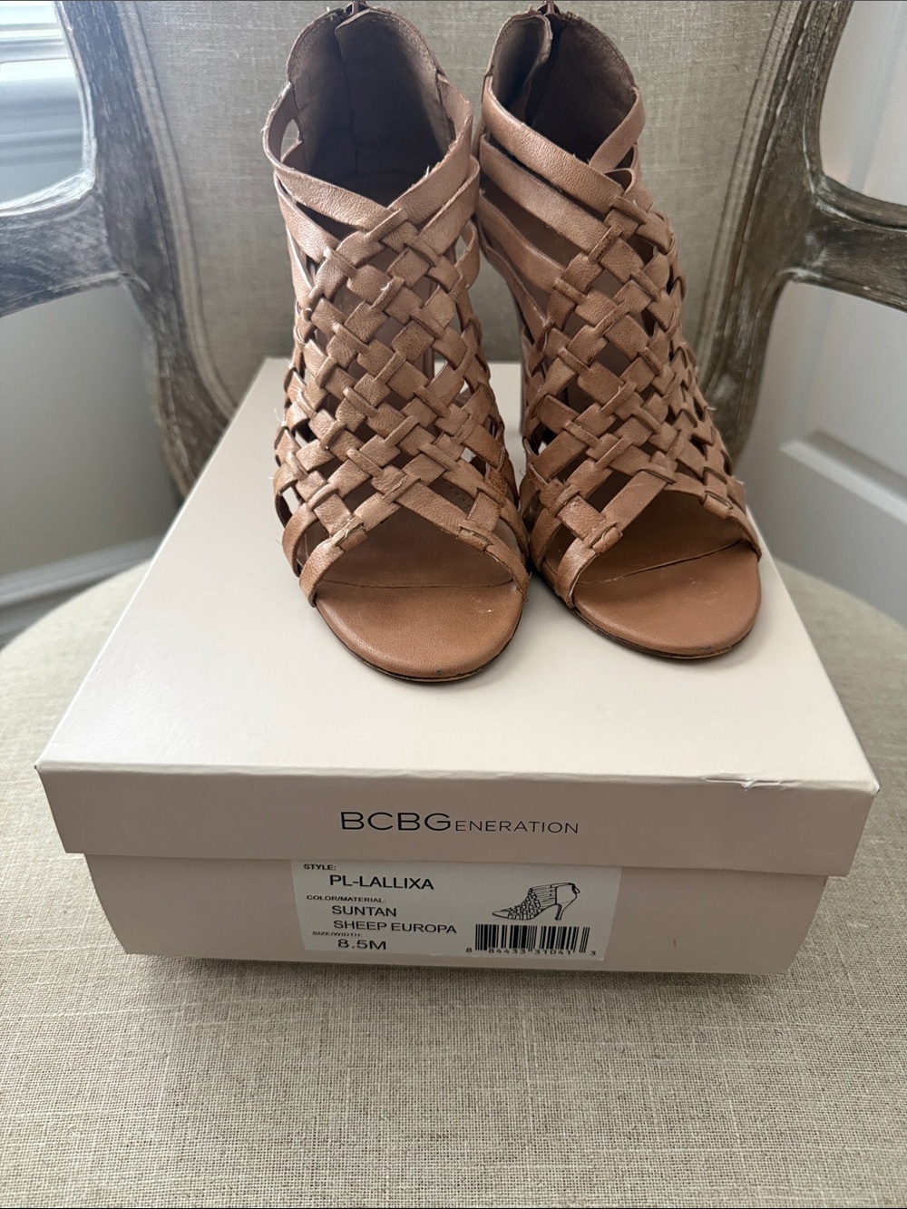 BCBGeneration Tan Woven Peep-Toe Ankle Heels